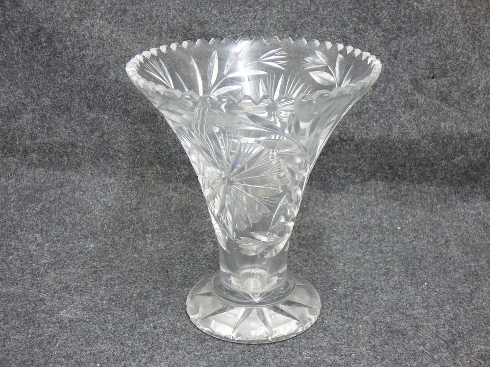 Lot 159: Cut Glass Heavy Trumpet Vase with Starburst and Foliate Patterns