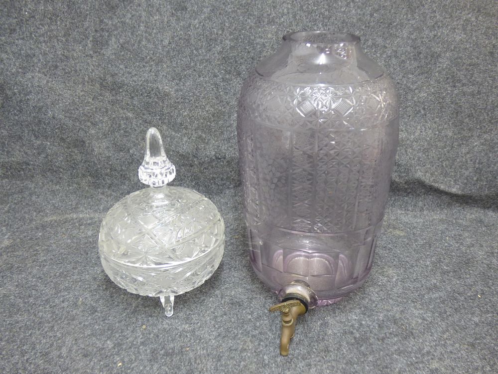 Lot 174: Two Pressed Glass Items Including a Beverage Dispenser and Bon Bon Dish