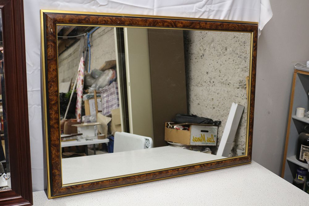 Lot 343: A Rectangular Wall Mirror with Burl Wood Pattern Frame