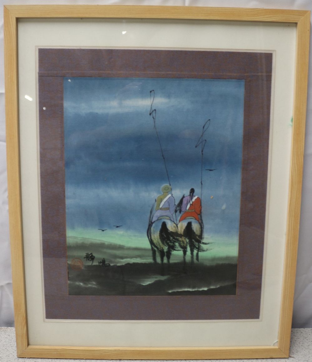 Lot 411: East Asian Style Painting of Two Horsemen, Signed Zheng Ma with Jinshan Seal
