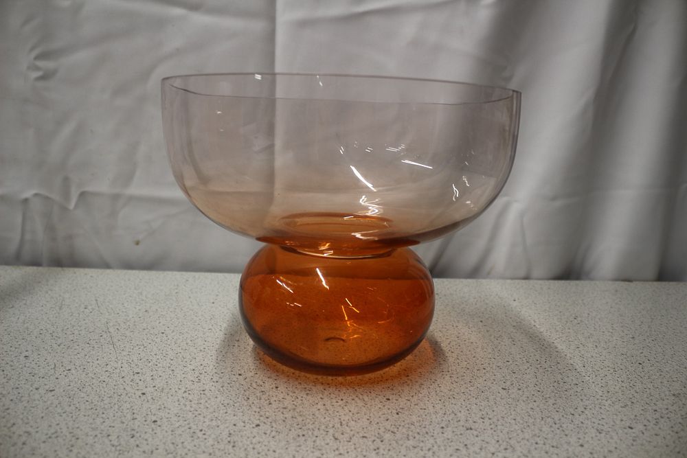 Lot 255: Large Hubsch Glass Bowl/ Vase with Pinkish Clear and Amber Orange Base