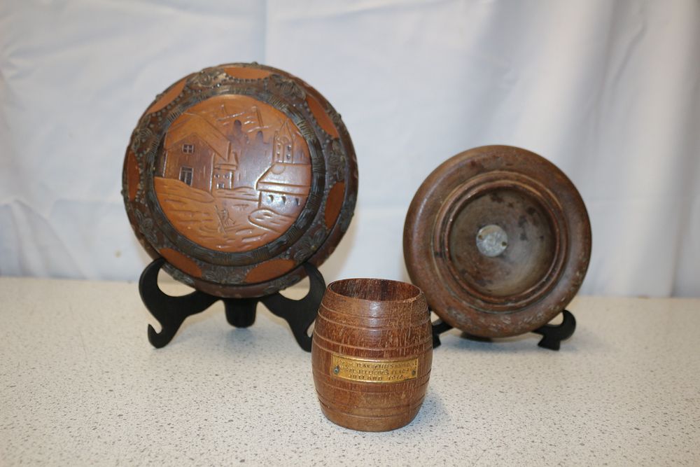 Lot 279: Three Carved Wooden Items and HMS Souvenirs