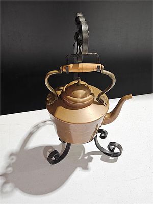 Vintage Copper Tea Kettle With Iron Warming Stand