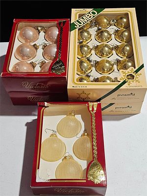 Christmas Ornaments. 29 Gold Pryamid Jumbos, 4 Gold Victoria, 11 Rose Victorias