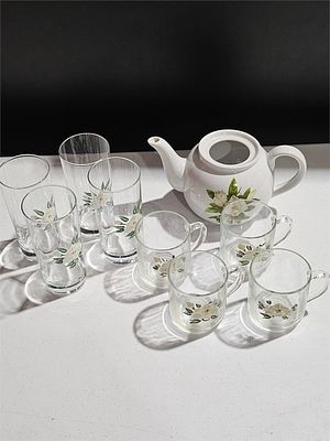 Matching Teapot, Glasses, Mugs. 4 glasses, 4 mugs