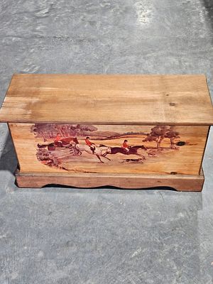 Pine Drop Front Wall Cabinet with Fox Hunt Decoration. This rustic pine cabinet features a 