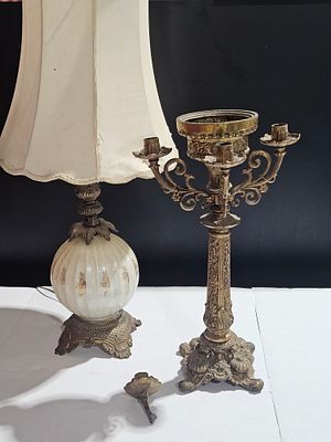 Two Vintage Cast Metal Candelabra and Milk Glass Table Lamps. This lot features an ornate cast 