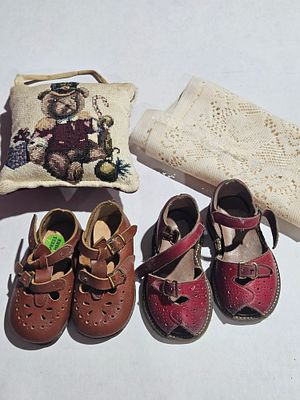 An Assortment of Mid-Century Children's Leather Sandals and Vintage Textiles. This assortment 