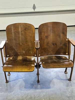 A Pair of Vintage Art Deco Molded Plywood Theater Seats. This set of two interconnected theater 
