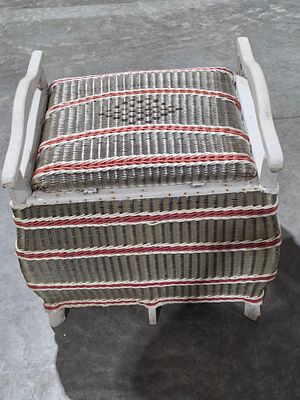 Mid-Century Modern Woven Fiber and Wood Storage Vanity Stool. This mid-century storage vanity 