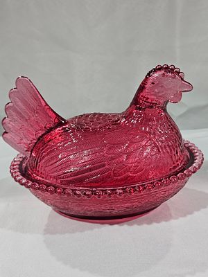 Imperial Glass Cranberry Pink Hen on Nest Covered Dish. This pressed glass covered dish by 