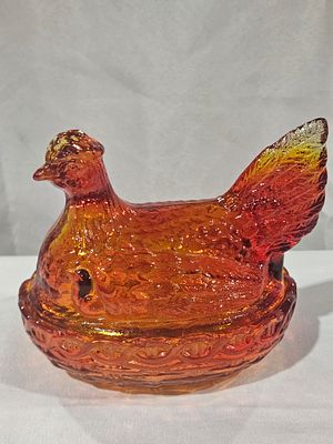 Amberina Carnival Glass Hen on Nest Covered Candy Dish. Produced by Indiana Glass, this 