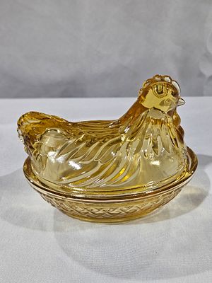 Miniature Amber Pressed Glass Hen on Nest Covered Dish. This miniature amber pressed glass 
