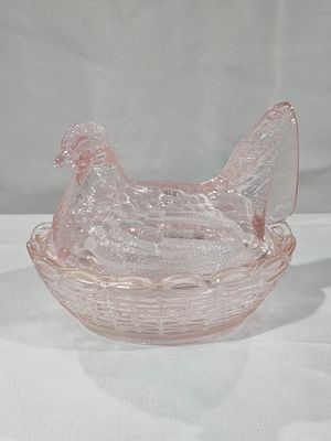 Vintage Pink Indiana Glass Hen on Nest Covered Candy Dish. This two-piece pressed glass covered 