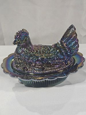 Mosser Cobalt Iridescent Carnival Glass Hen on Nest Covered Dish. This Mosser Glass hen on nest 
