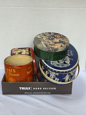 A Collection of Five Vintage Advertising and Decorative Metal Tins. A collection of five metal 