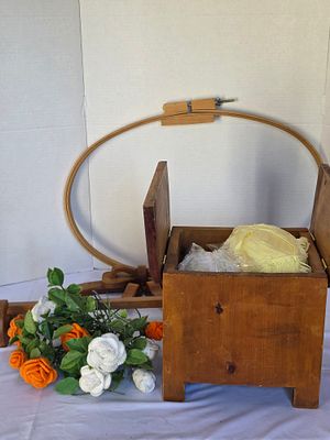 Vintage Handmade Folk Art Sewing Storage Stool and Accessories. This vintage wooden sewing stool 