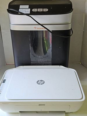 HP DeskJet 2652 All-in-One Printer and Bonsaii Cross-Cut Shredder. This lot features an HP 