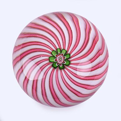 Antique Clichy Swirl Paperweight. green central pastry mold cane with radiating pink and white 