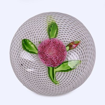 Antique St. Louis Pink Camomile Paperweight. central pink flower with three green leaves and a 