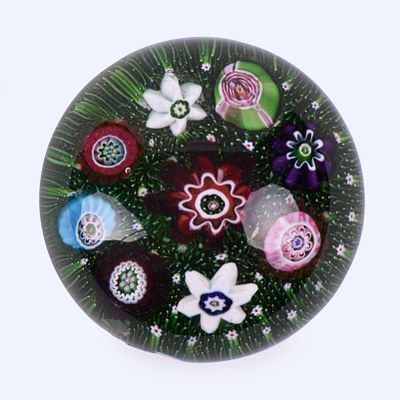 Rare Antique Clichy Moss Ground Miniature Paperweight. spaced concentric with a Type I rose cane 