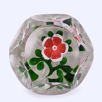 Antique Baccarat Red Primrose Paperweight. five red and white petals with upturned edges on a 