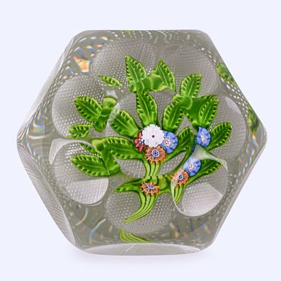 Antique St. Louis Posy Paperweight. flat posy with four flowers formed from coral, white, blue 