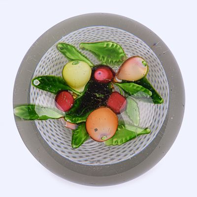Antique St. Louis Mixed Fruit Paperweight. six fruit and ten leaves all over a white latticino 