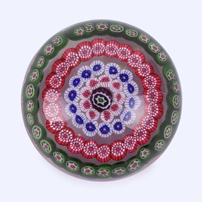 Antique Baccarat Spaced Concentric Paperweight. central purple and green star cane surrounded by 