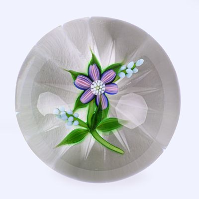 Glass Floral Lampwork Paperweight. six lavender, white and blue striped petals with two clusters 