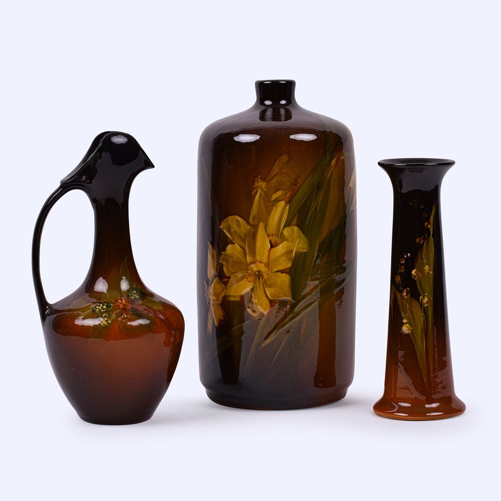 Lot 151: Two J.B. Owens Utopian Ewers together with an unmarked vase.