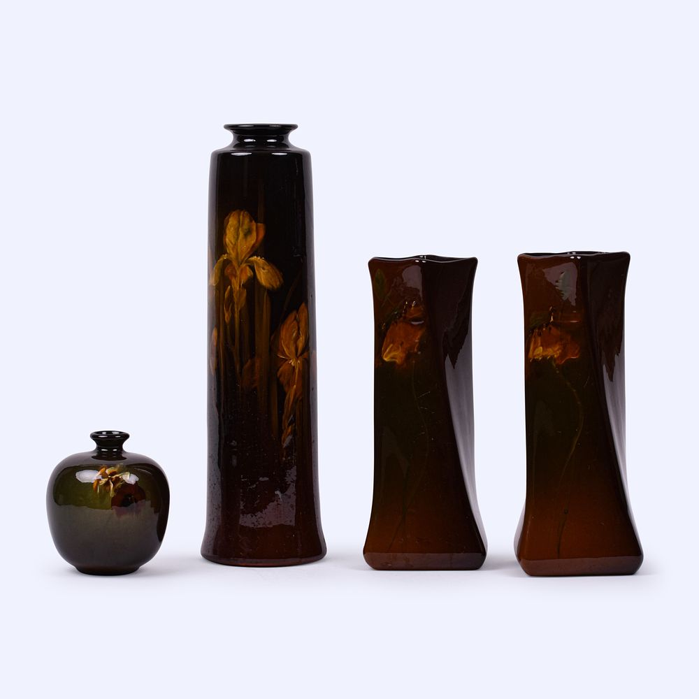 Lot 153: Two Weller Pottery Louwelsa Standard Glaze Vases and two others.