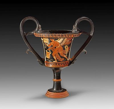 Apulian red-figure kantharos from the Workshop of the Baltimore Painter. 330 - 320 BC. Height 