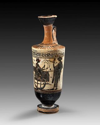 Attic white-grounded black-figure cylinder lekythos in the Manner of the Haimon Painter. 490 - 