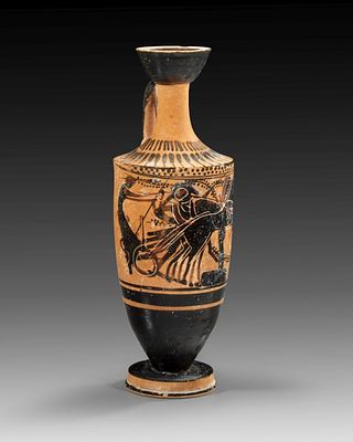 Attic black-figure cylinder lekythos in the Manner of the Haimon Painter. 490 - 470 BC. Height 