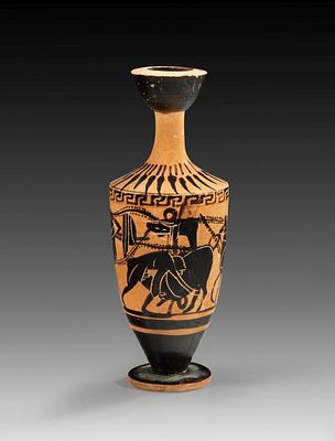 Attic black-figure cylindrical lekythos of the Haimon Group. 500 - 480 BC. Height 16cm, &oslash; 
