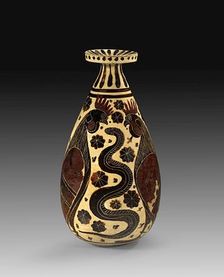 Large Corinthian black-figure alabastron of the Panther Bird Group. Early Corinthian, 625 - 600 