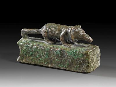 Miniature bronze sarcophagus with an ichneumon on top. Late to Ptolemaic Period, c. 664 - 30 