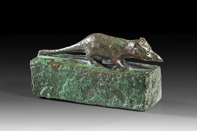 Miniature bronze sarcophagus with an ichneumon on top. Late to Ptolemaic Period, c. 664 - 30 