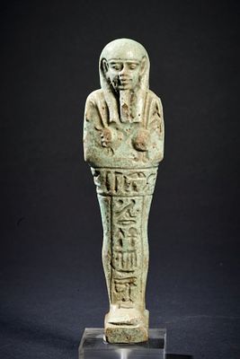 Shabti. Turquoise Ushabti with T-shaped hieroglyphic inscription. Late Period, 30th Dynasty 