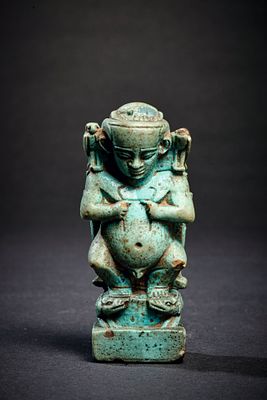 Pataikos. Large amulet of blue faience. Late Period, about 26th Dynasty, 664 - 525 BC. Pataikos 