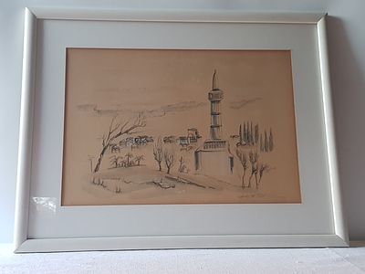 מסגד בכפר .
ציור ישן ממוסגר במסגרת עץ .
חתום ומתוארך - טוצ'מסקי 68 .
קיימים סימני זמן ופיגמי