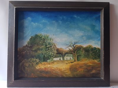נוף כפרי , ציור שמן ישן במסגרת עץ .
ללא חתימה אומן לא מזוהה .
קיימים סימני זמן ופיגמי התיישנות .
