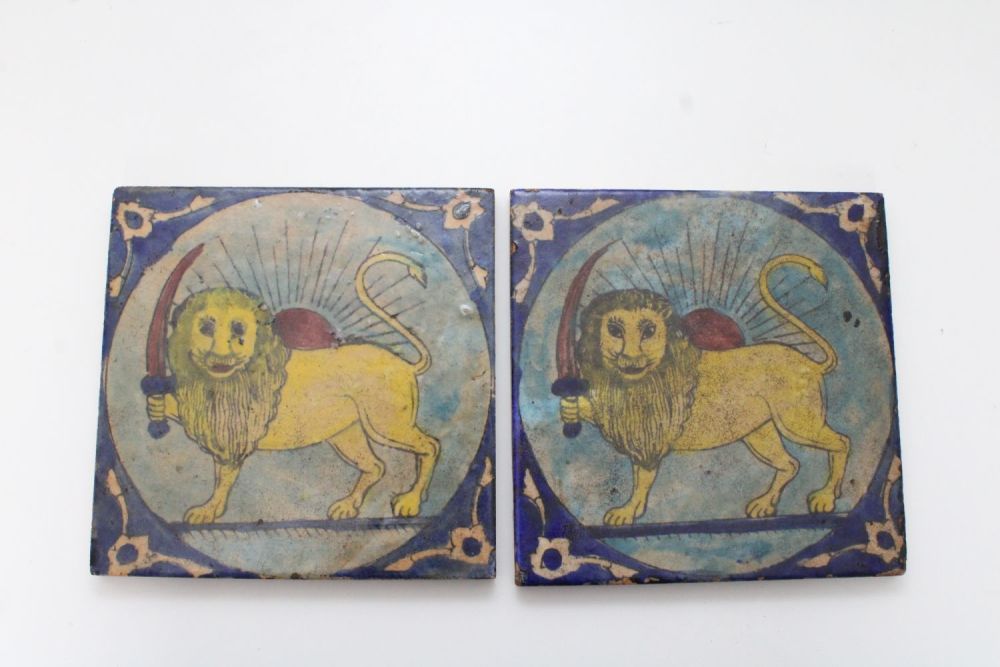 Lot 235: Pair of Qajar-Style Persian Tiles: These remarkable Persian...