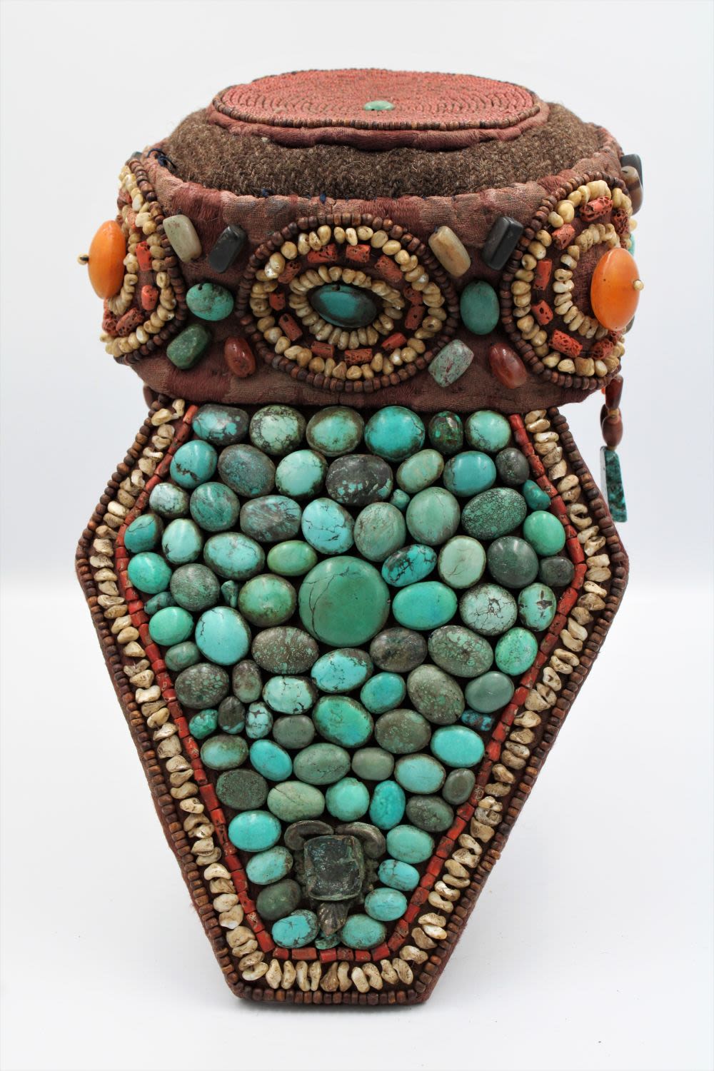 Lot 247: Elegant Tibetan Hat: Adorned with Turquoise, Coral, Amber,...