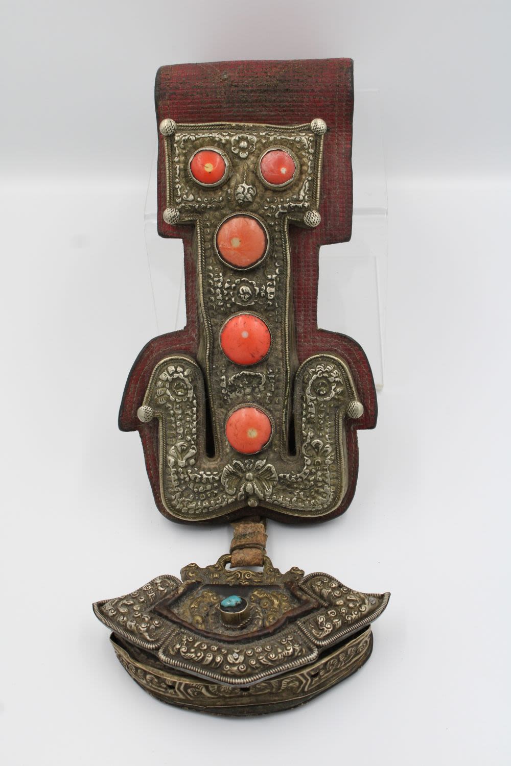 Lot 248: Tibetan Belt Fragment: White Metal on Leather