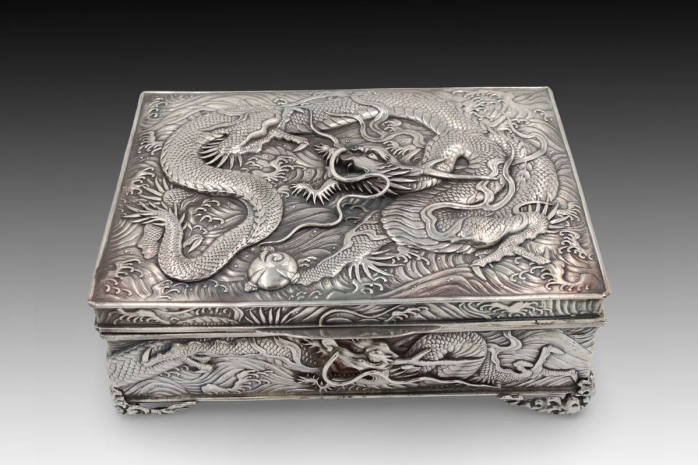 Lot 194: A Chinese White Metal Royal Dragon Jewellery Box...