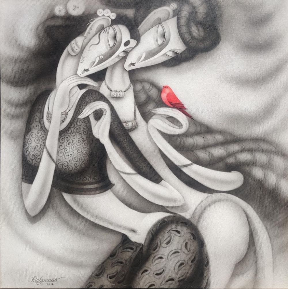 Lot 283: An Indian artwork titled "Couple with Red Bird"...