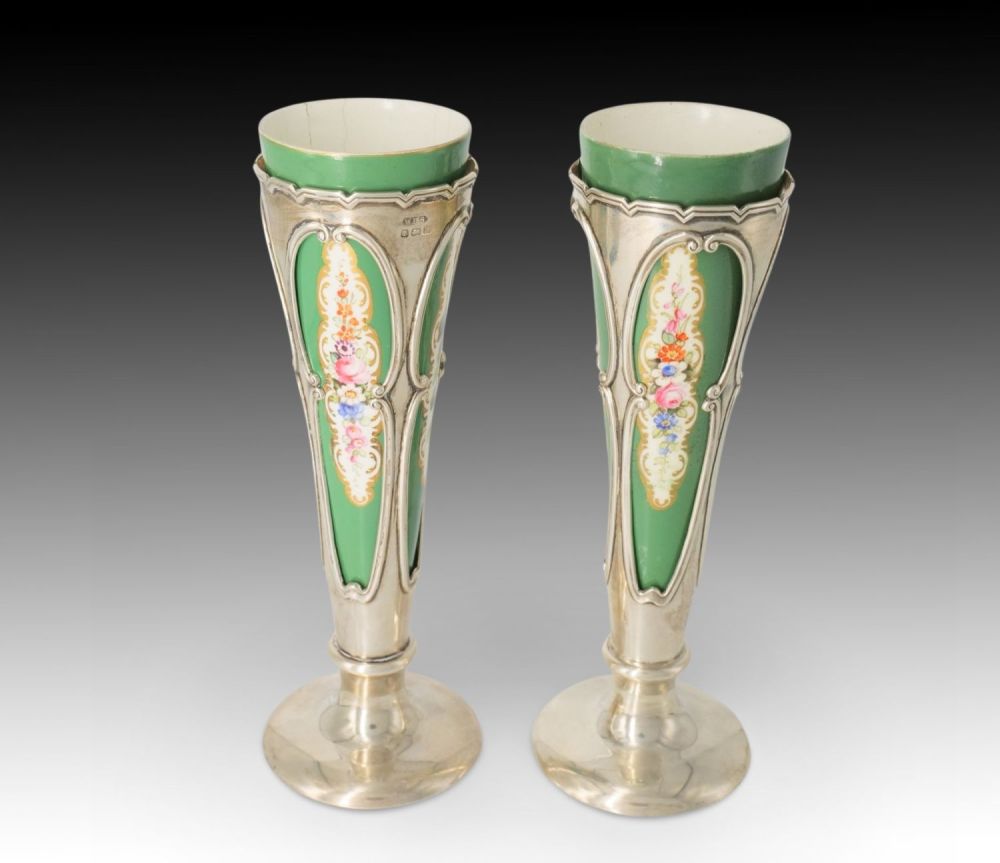 Lot 396: A Pair of English Birmingham Silver Vases marked...
