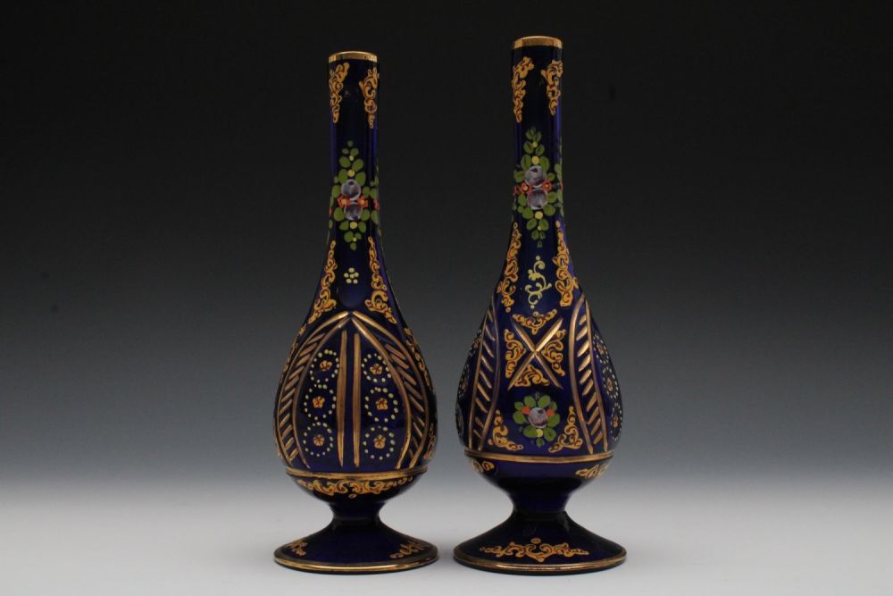 Lot 6: A Pair of Hand Painted Dark Blue Glass...